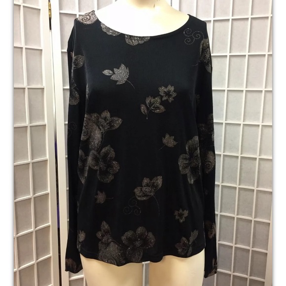 Pacific Palm, Women, blouse, black, stamped sparkle flowers, formal, size L.: - Picture 1 of 8